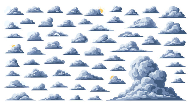 Extensive set of cloud illustrations shows diverse weather patterns from light fluffy wisps to dark heavy storm clouds.