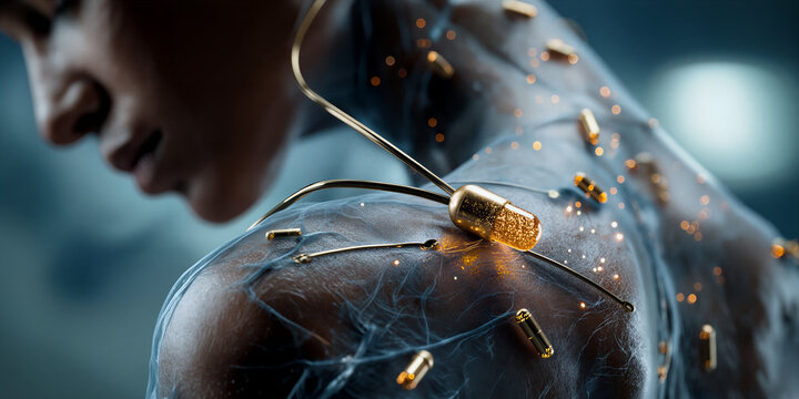 Medical implant visualization. Bone implant with particles and scientific environment