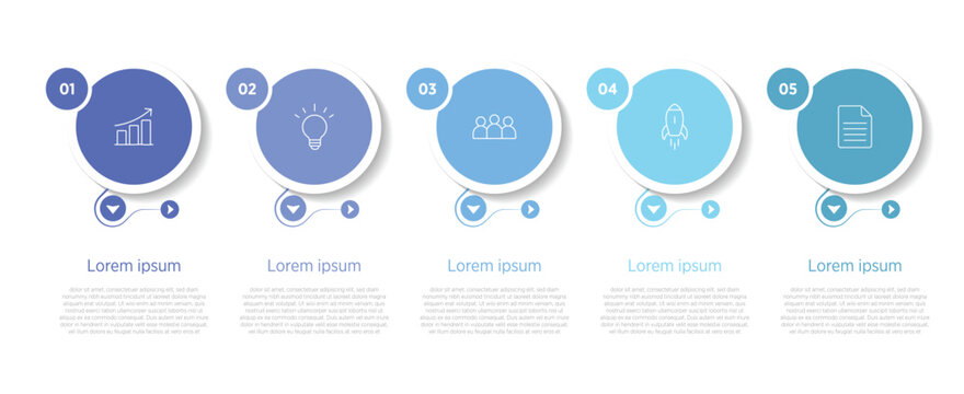 Modern and stylish timeline infographic with 5 sequential stages. Creative design featuring numbered markers, icons, and editable text placeholders along a clean linear flow.