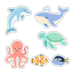 Fototapeta premium Colorful ocean animal stickers for kids.