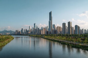Fototapeta premium Panoramic View of a Modern City Skyline Reflected in a Calm River.