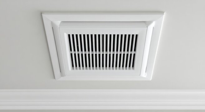 Close-up of a white ceiling vent with black slats.