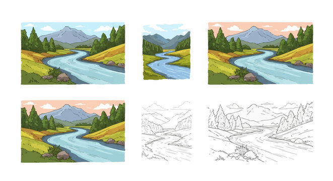 Set of six hand-drawn river landscape illustrations featuring a winding stream through a mountain valley with pine trees, including color versions and black and white line art.