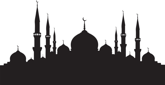 Black silhouette of a mosque with multiple domes and minarets