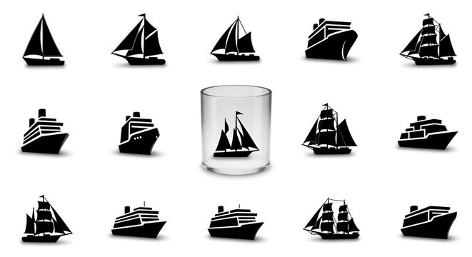 Collection of ship and boat icons, including sailing boats and cruise liners, presented in a grid format with one sailboat inside a glass container, maritime transportation symbols