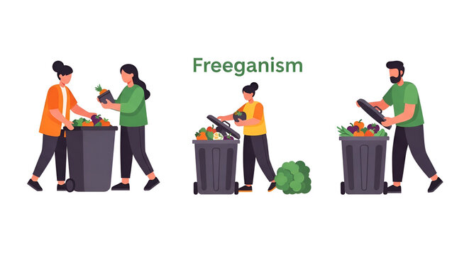 People sorting organic food waste into garbage bins, concept of freeganism and food sustainability, pixel art style