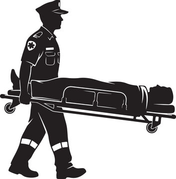 Black silhouette of a paramedic carrying a patient on a stretcher