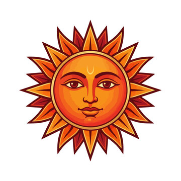 Traditional Sinhala and Tamil New Year Sun God Surya Illustration. Festive Cultural Symbol for Aluth Avurudda and Puthandu Celebrations.