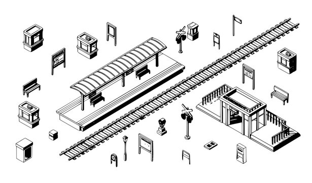 Isometric railway station scene with 45 degree shadows detailed city transport element for map and infographic design