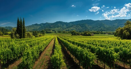 Naklejka premium Expansive Vineyard Landscape Under a Bright Blue Sky with Rolling Hills.