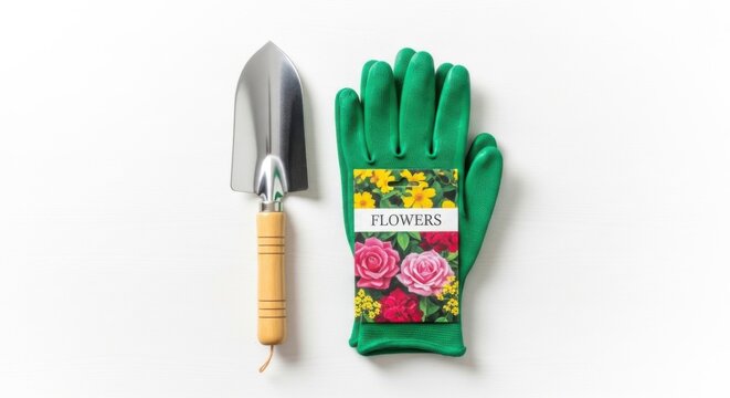 Green Gardening Glove and Hand Trowel Set on White Background