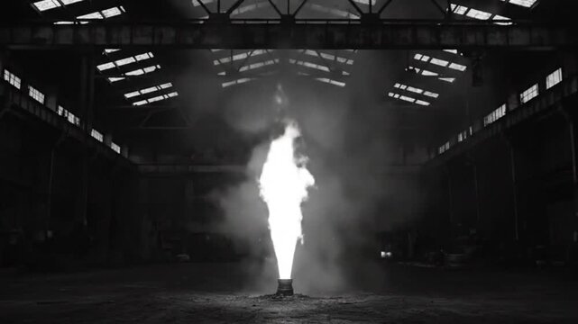 Industrial smoke plume spewing from a pipe inside a dilapidated warehouse, in black and white