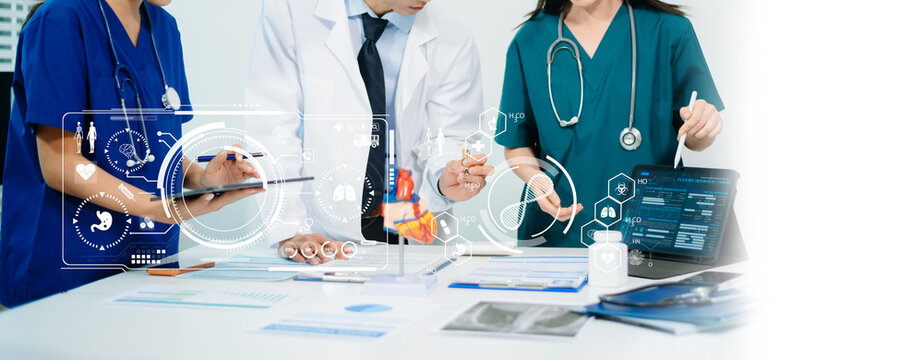 Doctors using AI digital interface and medical data analysis for diagnosis and treatment in futuristic healthcare environment
