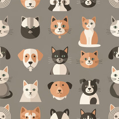 Obraz premium Seamless pattern of flat design pet faces and bodies featuring various cat and dog breeds in muted earth tones of brown, beige, and grey with a minimalist geometric vector aesthetic.