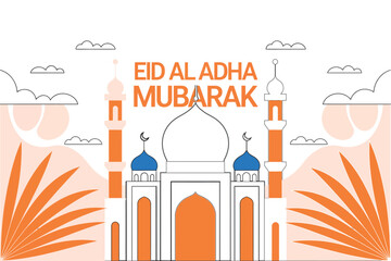 Obraz premium Decorative illustration for Eid al Adha Mubarak with a stylized mosque and text isolated on white background