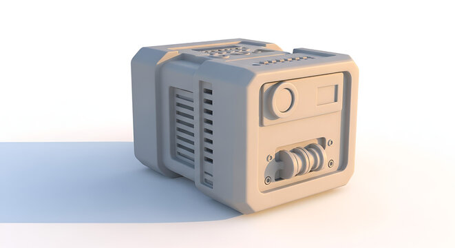 Isolated futuristic electronic device with knobs and ports on a bright surface, clean render