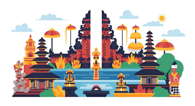 Balinese temple gate, pixel art landscape with traditional architecture, statues, and umbrellas, summer travel destination, lush greenery, blue sky, and sun