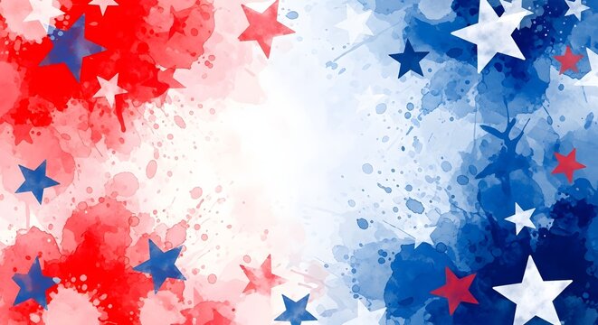 Patriotic background with red white and blue watercolor splashes and stars