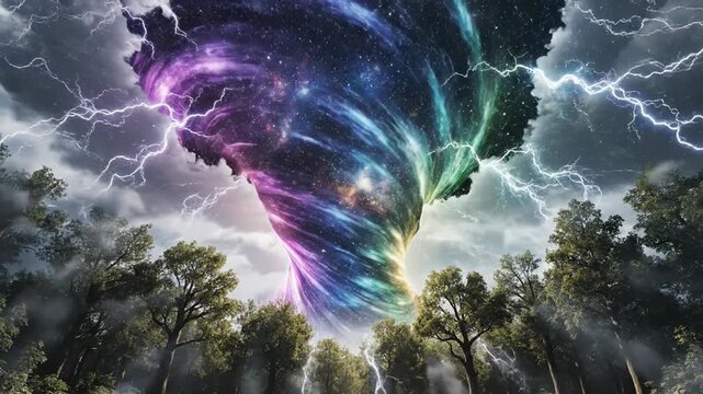 Cosmic Portal and Galaxy Vortex Over a Forest with Lightning