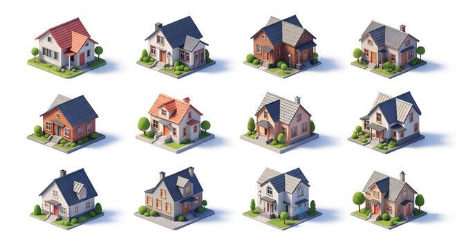 Collection of twelve pixel art houses in isometric view, various architectural styles, colors, and roof designs, set on green grass