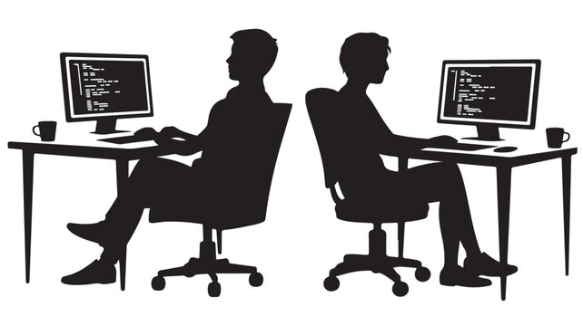 Programmers Silhouette at Computers for Coding, Software Development and Teamwork Concept