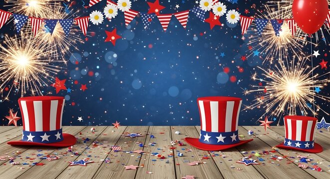 Patriotic fourth of july celebration background with uncle sam hats and fireworks