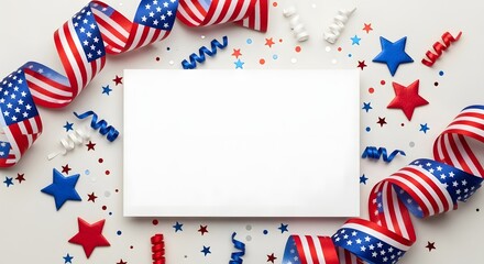 Obraz premium Fourth of july celebration background with american flag ribbons and stars isolated on white background