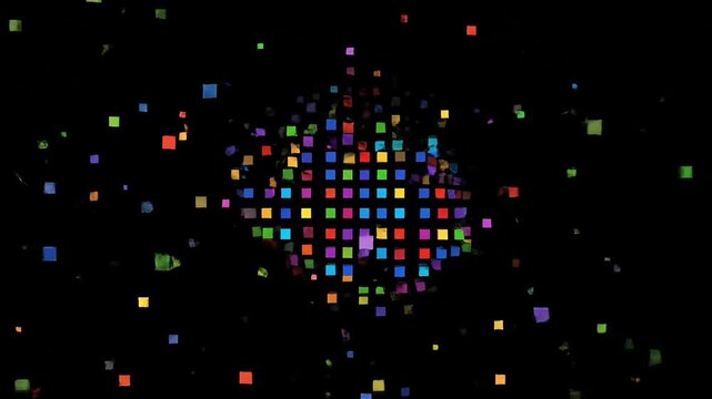 Abstract explosion of colorful digital squares against a dark background, representing data or energy.