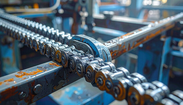 Industrial conveyor chain system close up of mechanical components