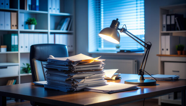 Office desk with documents and lamp business and work environment