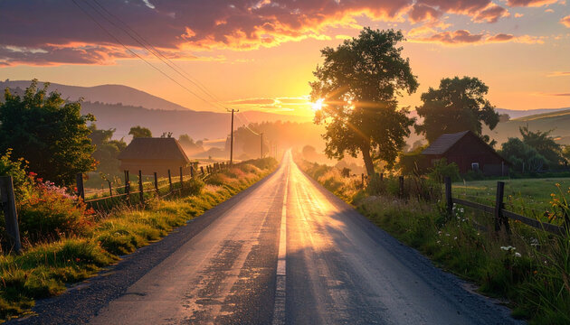 Road at sunset scenic view of asphalt pathway leading to horizon