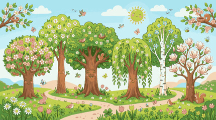 Fototapeta premium Vibrant spring landscape with diverse trees blooming flowers and winding path under sunny sky