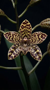 Exotic tiger orchid (Grammatophyllum scriptum) with distinctive leopard-like spotted petals, captured in dramatic lighting against a dark background. Rare tropical orchid species from Southeast Asia, 