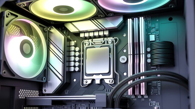 Close-up of a computer motherboard with installed ram, cpu cooler, and graphics card