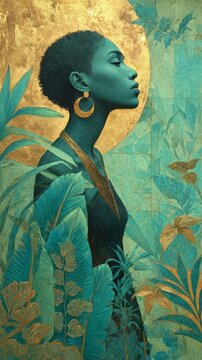 Pastel portrait of a Black Caribbean woman with tropical leaves, hibiscus flowers, gold accents on jewelry and foliage, vibrant cultural botanical details