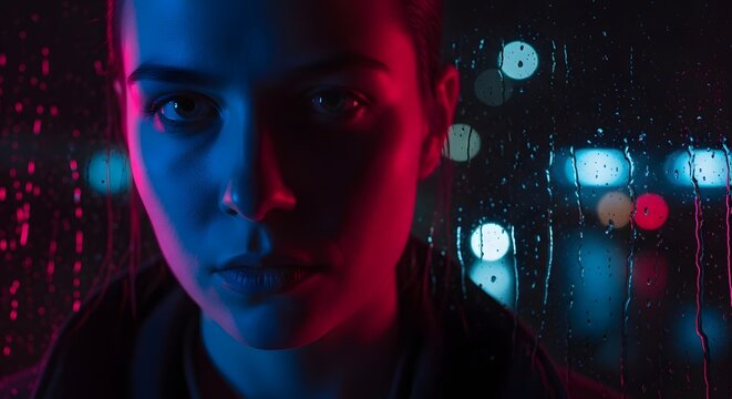 Young woman behind rainy window with neon city lights