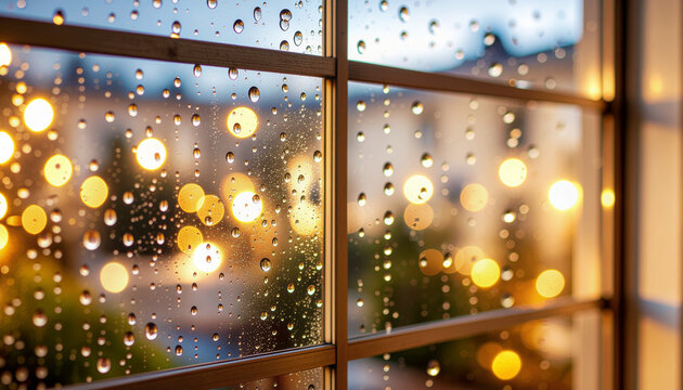 Rainy window with bokeh lights