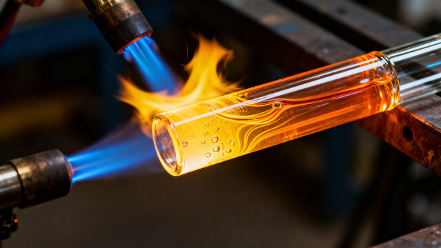 Professional Glass Blowing Artist Using Dual Gas Torches to Shape Molten Glass Tube