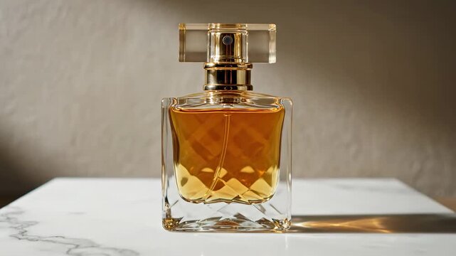 Luxury perfume bottle on marble table.