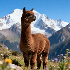 Naklejka premium 설산배경의알파카초원풍경