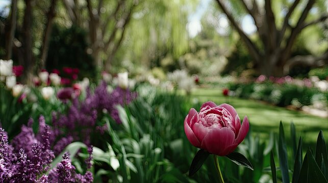 Deep pink peony bud blossoms brightly amidst lush green foliage in a vibrant garden setting