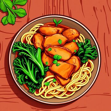 Vector illustration of a Thai food menu featuring crispy pork with kale, Pad Kana Moo Krob, presented vibrantly,  graphic element,  asian cuisine
