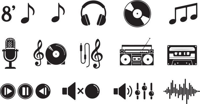 Music icons and symbols in black and white