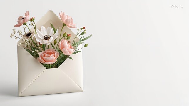 Flowers inside an envelope on a white surface with copy space