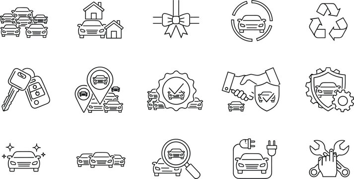 Automotive sales and car service icon set featuring electric charging vehicle inspection keys insurance recycling and dealership agreement in thin line outline vector style