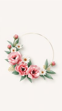 A floral wreath with pink blossoms and white daisies surrounds golden frame