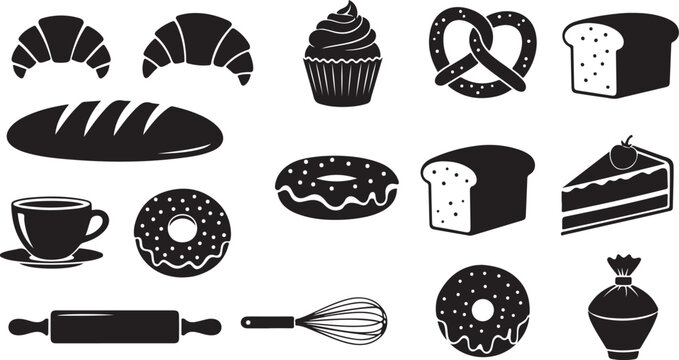 Bakery icons and baking tools illustration set black