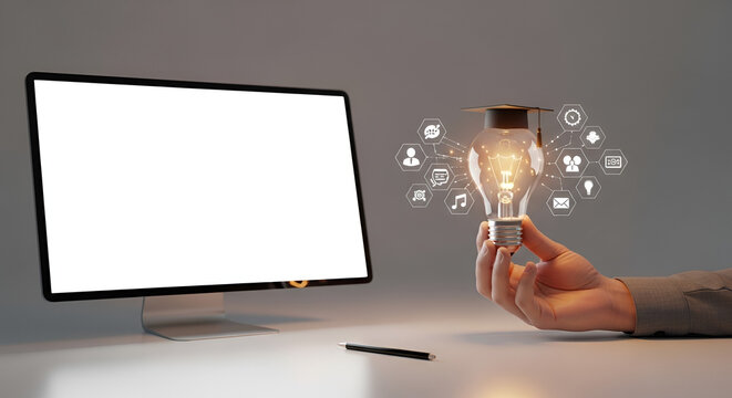 Hand holding illuminated light bulb with graduation cap and digital icons, next to a blank computer screen, symbolizing online education and new ideas
