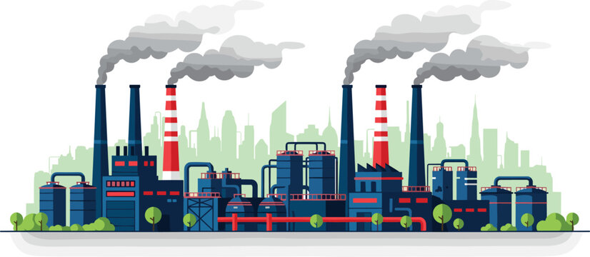 Industrial Factory and Pollution Icons Set Featuring Smokestacks, Manufacturing Plant, and Environmental Impact for Industry, Pollution, and Urban Development Designs