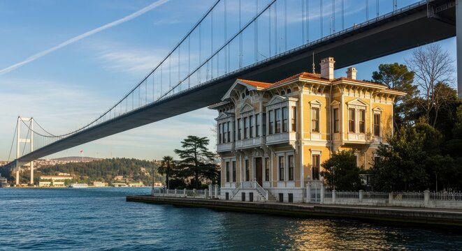Historic Ottoman Yali Mansion on Bosphorus Strait with Fatih Sultan Mehmet Bridge in Background, Istanbul, Turkey.